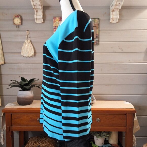 Cyrus Black Turquoise Stripe Knit Top Asymmetrical Neck Line Sz L Bold Unique... - Picture 3 of 6